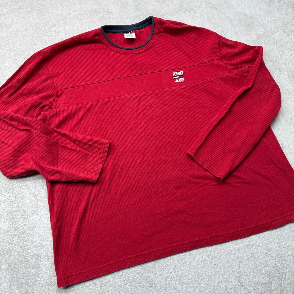 Vintage Tommy Jeans Sweatshirt Mens XXL Red Crewneck Ribbed Embroidered Logo Y2K